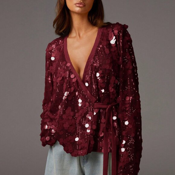 burgundy Party Women's long sleeve sequin Blouses - Picture 1 of 5